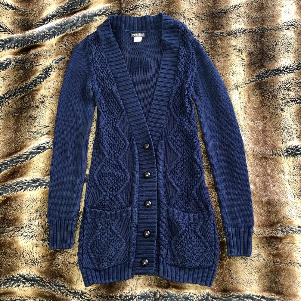 VENUS Deep Navy Cable Knit Longline Cardigan